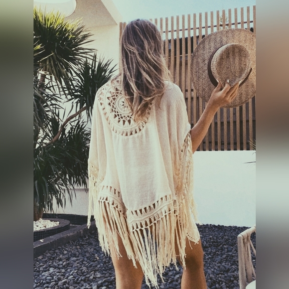 New Boho Chic Crochet Fringe Tassel Cover Up Kimono Cardigan Beige Tan - Picture 2 of 8